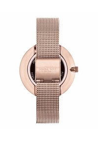 Uhr mit roségoldenem Mesh-Armband, rundem Gehäuse, schwarzem Zifferblatt und strukturierten Details am Armband. Markenname auf der Schließe eingraviert.