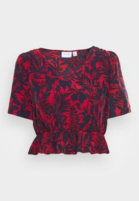 Rote und marineblaue Blumenbluse mit V-Ausschnitt, kurzen Puffärmeln und einem Peplumsaum. Hergestellt aus leichtem Stoff mit einer glatten Textur.