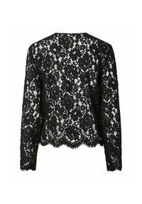 Blouse noire en dentelle à manches longues avec motif floral et ourlet festonné, vue de dos sur fond blanc.