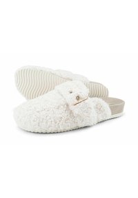 Cream-colored slippers featuring a soft textured fabric, buckle accent, and a flexible rubber sole with a ribbed pattern for grip.