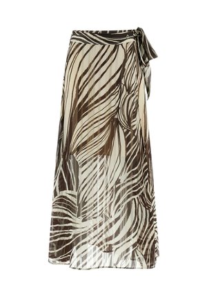 Bruin en crème patroon rokje met een vloeiende silhouet, voorzien van een strikceintuur en een lichtgewicht stof met een doorschijnende textuur.