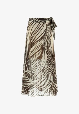 Brązowo-kremowa spódnica we wzory o zwiewnej sylwetce, z paskiem do wiązania i lekkim materiałem o przezroczystej fakturze.