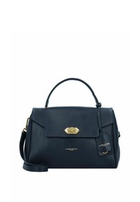 Borsa a mano in pelle blu navy con design strutturato, hardware dorato, manico superiore e tracolla regolabile. Presenta una patta frontale e un dettaglio con logo.