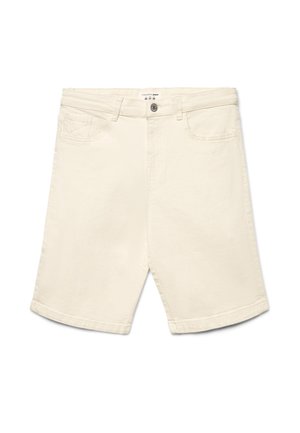 Shorts in denim color crema con tasche frontali, passanti per cintura e chiusura con bottone, esposti su uno sfondo bianco.