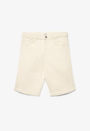 Shorts in denim color crema con tasche frontali, passanti per cintura e chiusura con bottone, esposti su uno sfondo bianco.