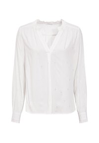 Blouse blanche à manches longues avec un col en V, un col à volants et une texture à fines rayures. Confectionnée dans un tissu léger, elle présente des détails subtils et réfl échissants.