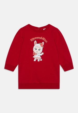 Sudadera roja de manga larga con un personaje estampado que lleva orejas de conejo y adornos florales. El texto dice "Monnalisa" encima de la ilustración.