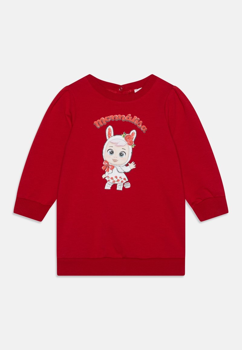 Sudadera roja de manga larga con un personaje estampado que lleva orejas de conejo y adornos florales. El texto dice "Monnalisa" encima de la ilustración.