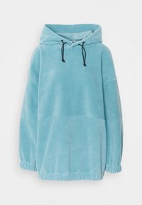 Felpa con cappuccio di pile azzurro chiaro con lacci neri, maniche lunghe, polsini elastici e orlo elastico su sfondo bianco.