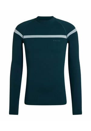 Turquoise shirt met lange mouwen, een ronde hals, een gestructureerd ontwerp en een contrasterende lichtblauwe horizontale streep over de borst.