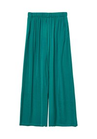 Pantalons larges teal en matériau léger, dotés d'une taille élastique et de deux poches latérales, avec une texture lisse.