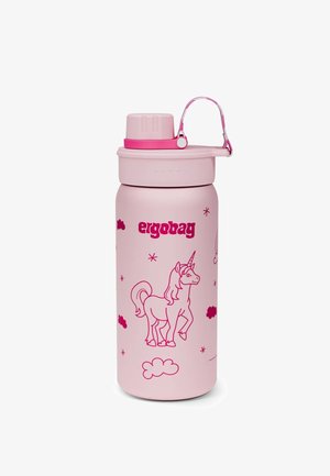 Rosa Metall-Wasserflasche mit einem Einhorn-Design, Wolken und Sternen. Inklusive rosa Deckel mit Trageschlaufe.
