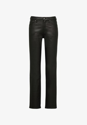 Zwarte leren broek met een rechte pijpdesign, voorzien van een knoopsluiting, vijf zakken en een gladde textuur. Geen zichtbare patronen of accenten.