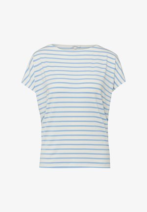 Biały krótki rękaw z jasnoniebieskimi poziomymi paskami i okrągłym dekoltem, prezentowany na neutralnym tle.