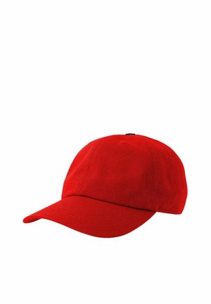 Bright red baseball cap with curved brim, six-panel fabric construction, and small ventilation holes on each panel.