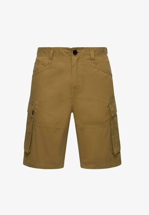 Beige cargo shorts with two side pockets, two rear pockets, and a button closure. Made from durable fabric with a straight cut.