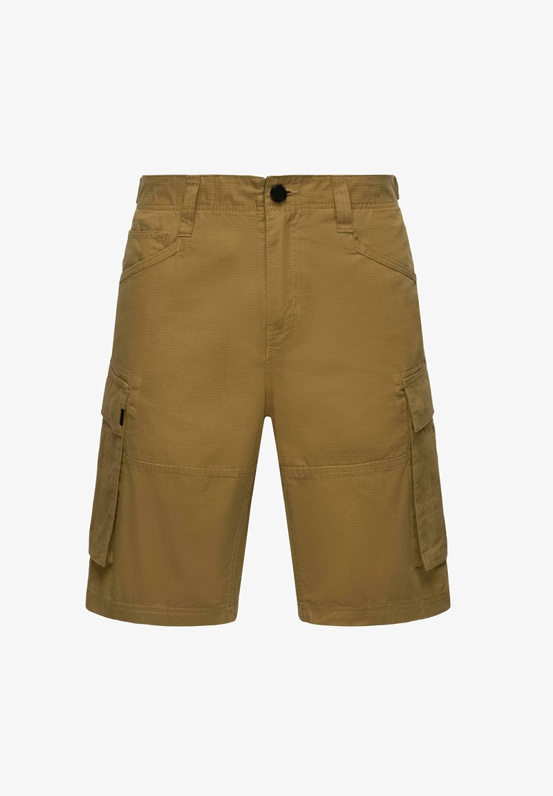 Beige cargo šortky s dvěma bočními kapsami, dvěma zadními kapsami a knoflíkovým zapínáním. Vyrobené z odolné látky se střihovým stylem rovného střihu.