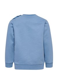 Pull bleu à manches longues, fabriqué en tissu doux. Doté d'un col rond et d'un détail pression à l'épaule. Poignets et ourlet côtelés.