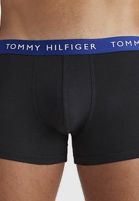 Boxer-briefs noirs avec une taille bleue arborant le logo "TOMMY HILFIGER" en texte blanc. Tissu lisse et design ajusté.