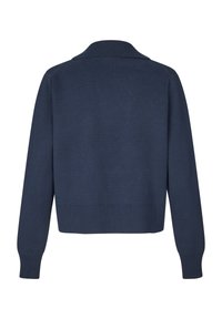 Marineblå sweater med krave og ribstrikkede manchetter og kant, lavet af et strikket materiale med et enkelt, lige snit design.