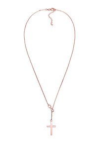 Rose gold kædelykke med et minimalistisk uendelighedssymbol og et lille vedhæng kors. Glat tekstur og delikat design.