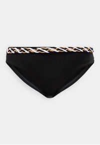 Μαύρο κάτω μέρος μπικίνι με πλεξούδα σε λευκό, μαύρο και μπεζ κατά μήκος της μέσης σε απλό φόντο.