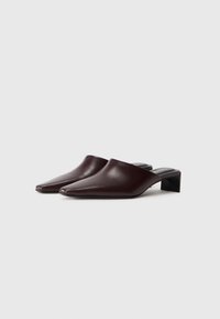 Mule in pelle bordeaux con punta affusolata e tacco grosso nero. Texture liscia con dettagli interni minimi.