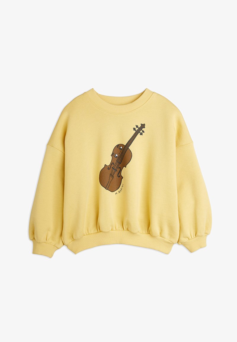 Yellow sweatshirt made from soft fabric, featuring a violin graphic in brown with cartoon eyes. Has ribbed cuffs and a relaxed fit.
