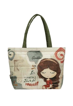 Borsa a tracolla con manici verdi, decorata con una ragazza dei cartoni animati con gli occhi chiusi, in un vestito rosso, vortici e testo "Conosci te stesso" e "Anekke."