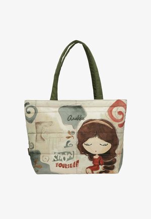 Borsa a tracolla con manici verdi, decorata con una ragazza dei cartoni animati con gli occhi chiusi, in un vestito rosso, vortici e testo "Conosci te stesso" e "Anekke."