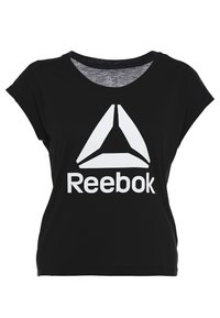 Černé tričko s krátkým rukávem vyrobené z bavlny s kulatým výstřihem a velkým bílým logem Reebok s trojúhelníkovým designem na přední straně.