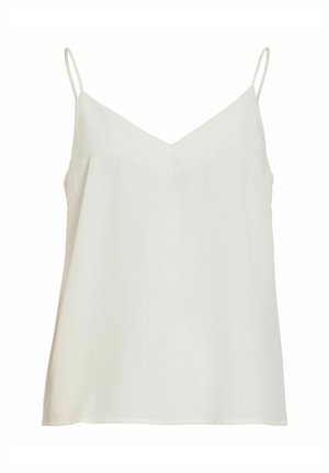 Hvid ærmeløs camisole-top med tynde skulderstropper og V-udskæring, vist på en ensfarvet hvid baggrund.