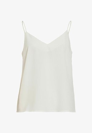 Hvid ærmeløs camisole-top med tynde skulderstropper og V-udskæring, vist på en ensfarvet hvid baggrund.