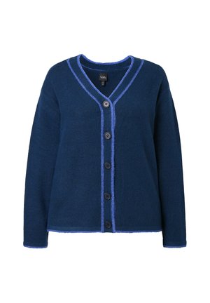 Mørkeblå cardigan med en struktureret overflade, der har V-hals, kontrasterende lyseblå kant og syv sorte knapper ned foran.