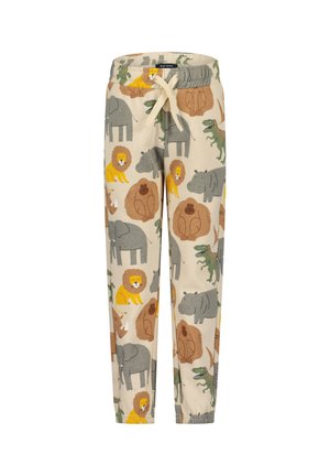 Børns beige bukser med elastik i taljen med tegneserieprint af løver, elefanter, gorillaer, flodheste og grønne dinosaurer.