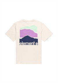 Beige T-Shirt mit einem Grafikdruck von geschichteten Bergen in Mintgrün, Lavendel und Marineblau, mit dem Wort "Element" in fettgedrucktem Weiß.
