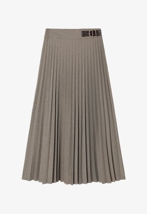 Plissé szoknya kockás mintával, sötét övvel és csattal. Barna és krém árnyalatú texturált anyagból készült.