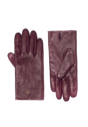 Burgundské kožené rukavice s pěti prsty, jemným vrchním švem a doplňkovým logem. Hladká textura s klasickým designem.