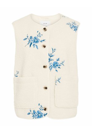 Kremowa bezrękawnikowa kamizelka na guziki z niebieską kwiatową haftem i dwoma przednimi kieszeniami, wykonana z teksturowanej tkaniny.