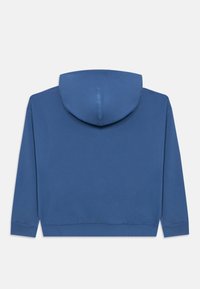 Sudadera con capucha azul que presenta un corte relajado, mangas largas y puños acanalados. Fabricada con una tela suave que tiene una textura lisa y un detalle mínimo.