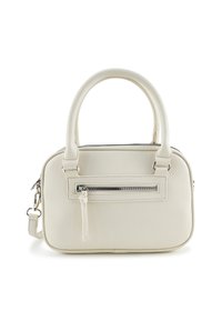 Witte leren handtas met een gestructureerde rechthoekige vorm. Voorzien van een bovenste rits, een voorvak met een zilveren rits en korte handvatten.