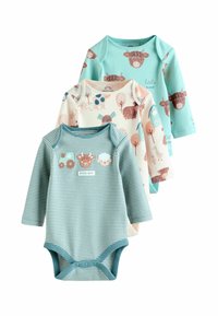 Tre långärmade babybodys: en i akvamarin med nötkreaturstrykt, en i krämfärgad med djurillustrationer, och en blårandig. Tillverkade av bomull.
