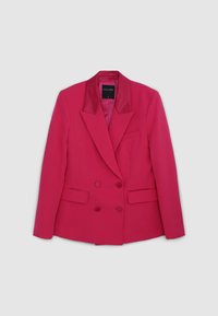 Fuchsia pink double-breasted blazer with satin peak lapels, two front pockets, and structured fit. Label visible inside.