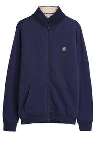 Marineblauwe zip-up sweatshirt met een hoge kraag, twee voorzakken en een zachte binnenvoering. Voorzien van een klein logo-opdruk op de borst.