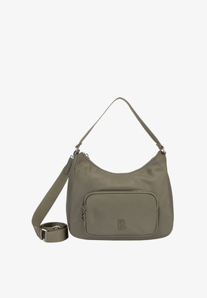 Borsa a tracolla verde oliva con tracolla staccabile, tasca frontale con zip e logo "B", e scomparto principale con chiusura a zip.