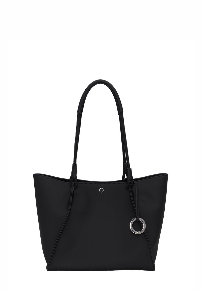 Sac fourre-tout noir en matériau synthétique lisse. Doté de doubles poignées, d'un pendentif métallique rond et d'une silhouette propre et structurée.