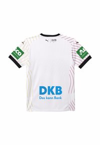 Wit sportshirt met zwarte accenten, voorzien van rode en gele diagonale strepen. Logo's op de mouwen en opvallende blauwe tekst "DKB Das kann Bank."
