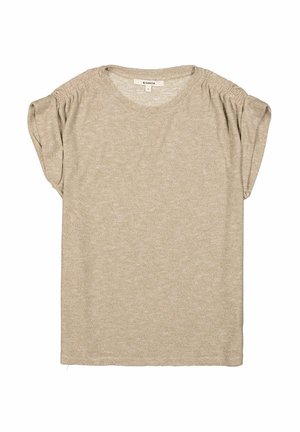Camiseta beige clara hecha de una tela suave y texturizada. Presenta un escote redondo y mangas sueltas y fruncidas para un ajuste relajado.