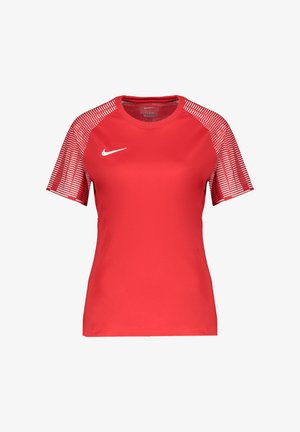 Rotes Sportshirt mit kurzen Ärmeln, weißem Nike-Logo auf der Brust und gemusterten Ärmeln in weißen und roten Streifen.