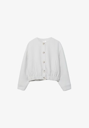 Lysegrå langærmet cropped jakke med rund hals, knapper foran, elastisk kant og to lodrette slidser i lommerne.